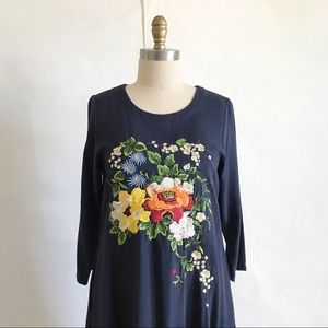 JECK ANDREW |  Linen Cotton Midi Dress Navy Blue Vibrant Floral Embroidery